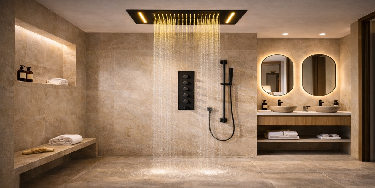 Fontana Binasco elegant shower head in matte black shown in a premium bathroom